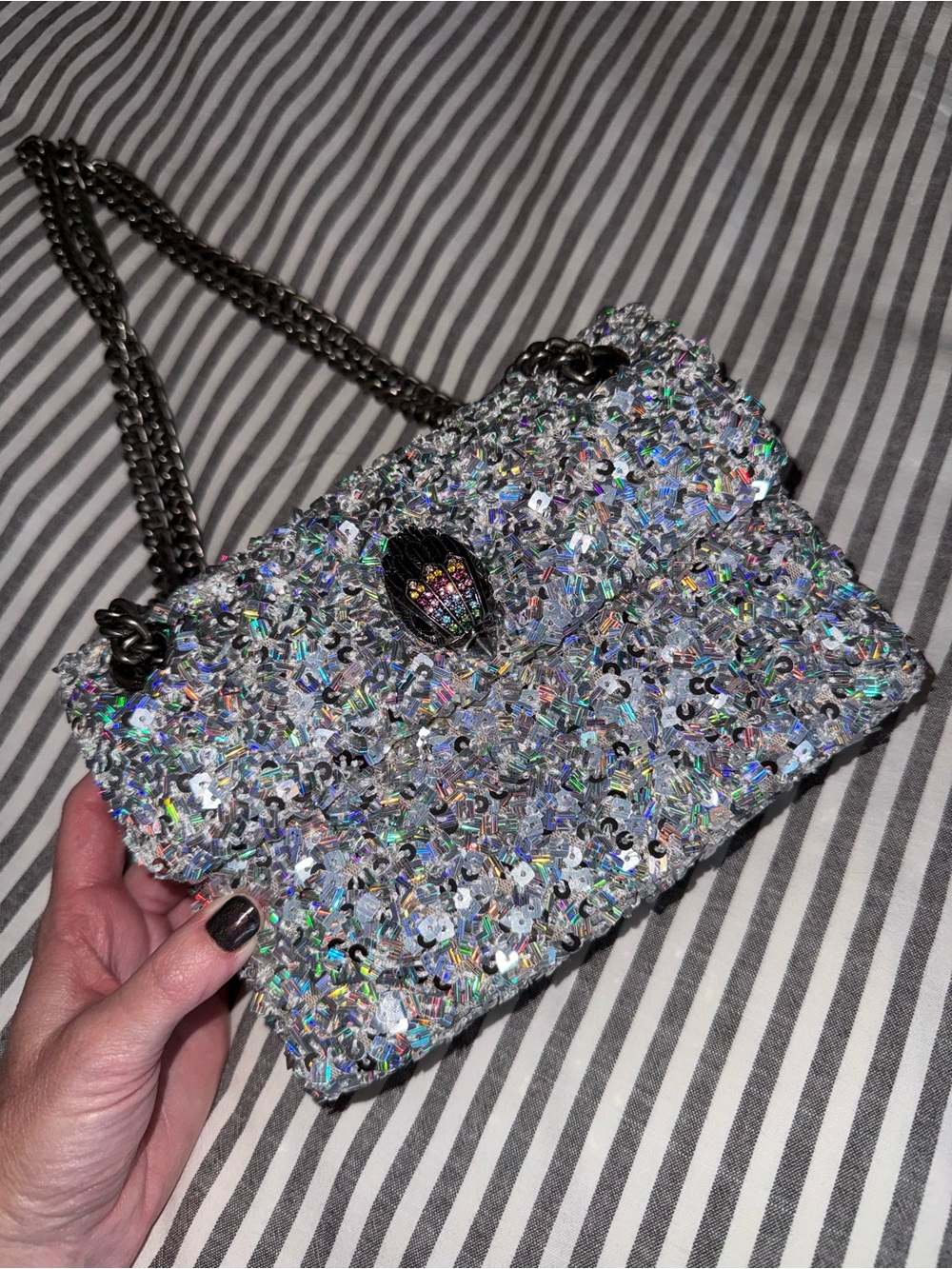 Kurt Geiger London Mini Kensington Silver Sequin Crossbody Bag - Picture 4 of 9